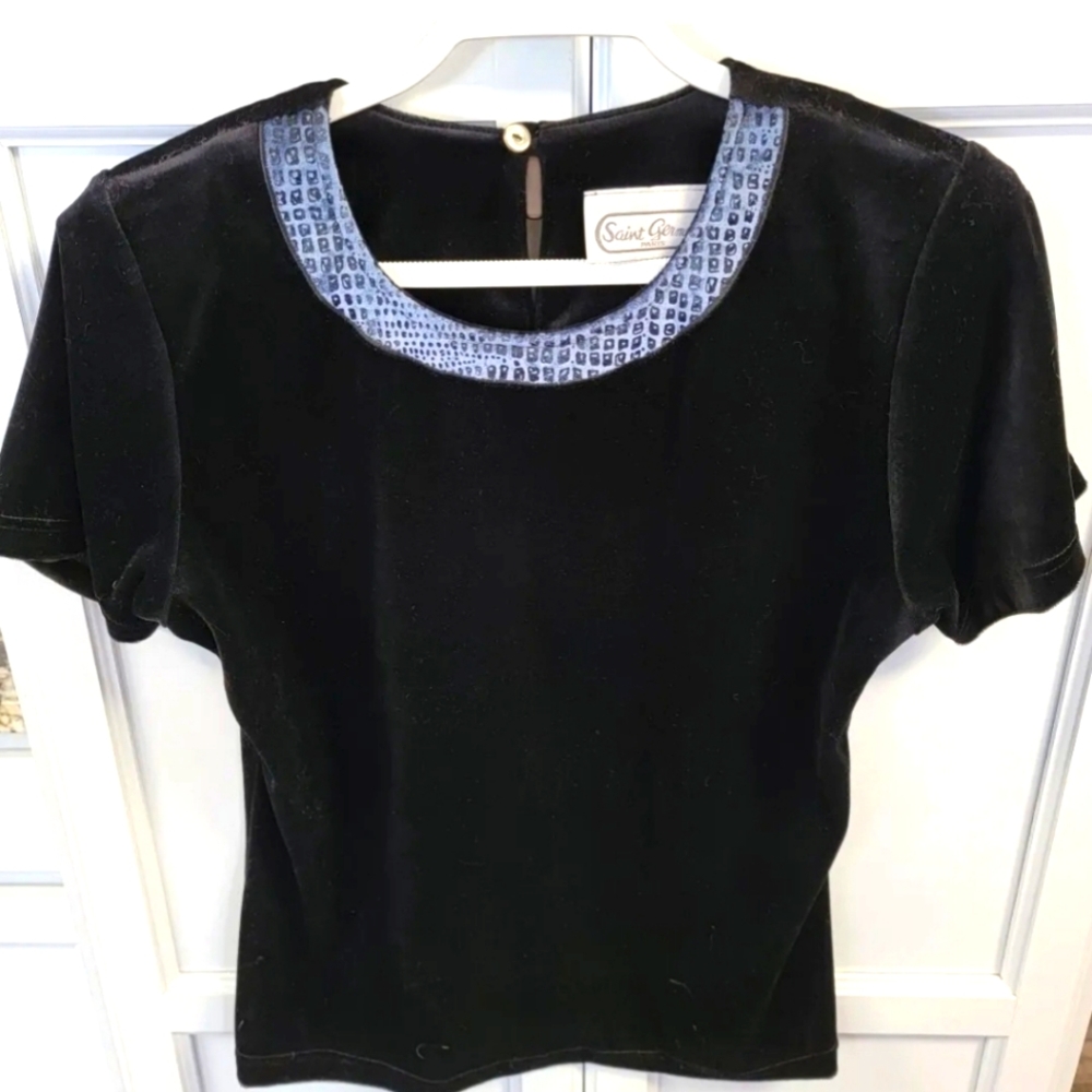 Vintage Velvet Designer Saint Germain Paris Blouse Snakeskin Print Trim Size L